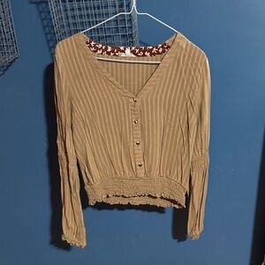 Striped Tan Button-Up Women's Top